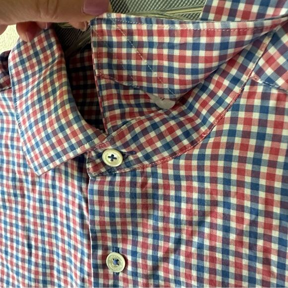 Bugatchi Uomo Plaid Button Down Flip Cuff Micro Check Red White Blue 15 1/2 Med - Picture 2 of 10